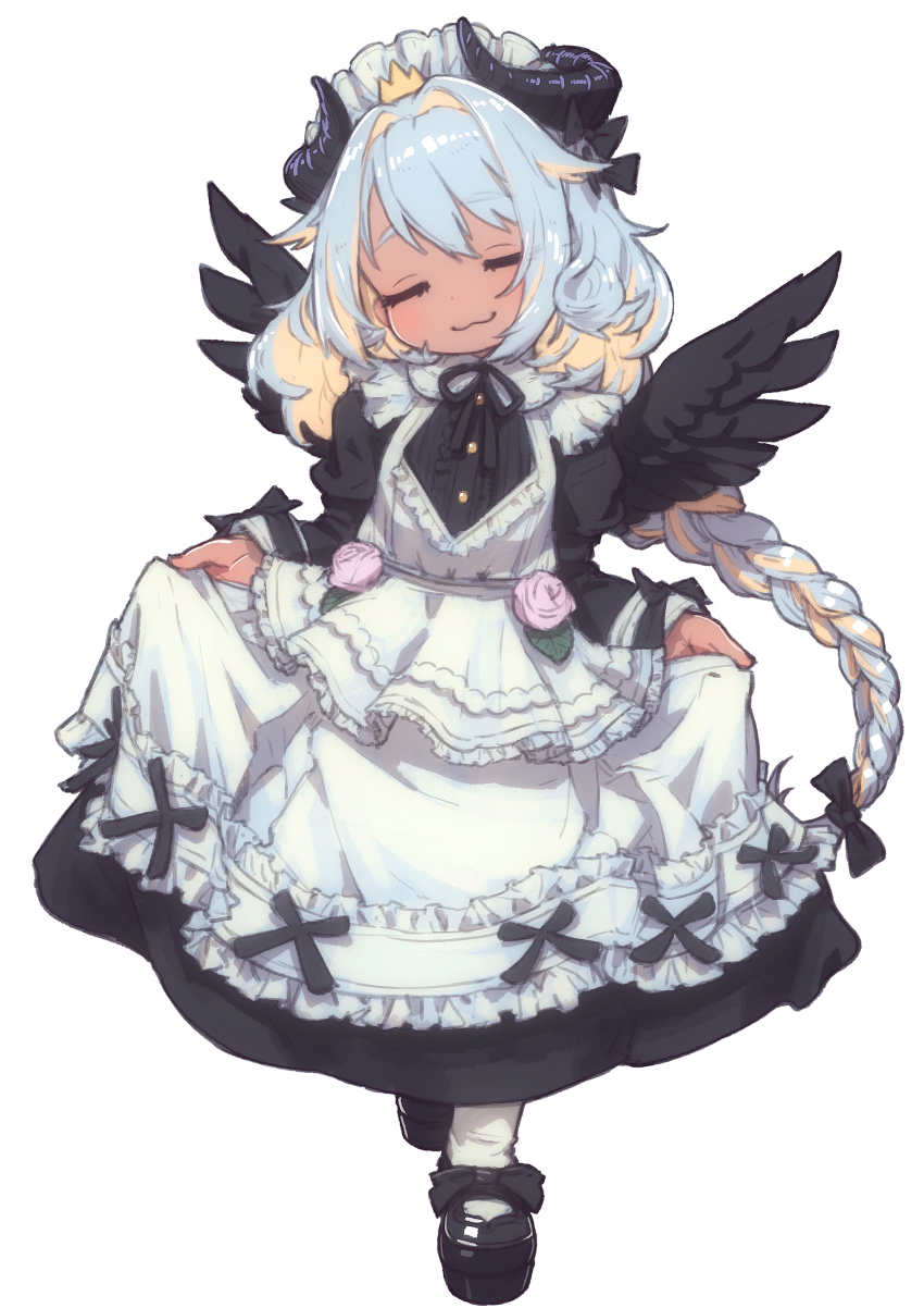 1girl :3 absurdres alternate_costume alternate_hairstyle amaryllis_gumi apron black_dress black_shoes blonde_hair blue_hair blush braid braided_ponytail center_frills closed_eyes closed_mouth colored_inner_hair crown dark-skinned_female dark_skin demon_girl demon_wings dress dress_flower enmaided facing_viewer feral_lemma flower frills full_body head_tilt highres horns loafers long_hair long_sleeves maid maid_apron maid_headdress mini_crown multicolored_hair pantyhose pink_flower pink_rose platform_shoes rose shoes simple_background skirt_hold smile solo spread_wings standing very_long_hair virtual_youtuber white_apron white_background white_pantyhose wings yotsutsuji_mayoi