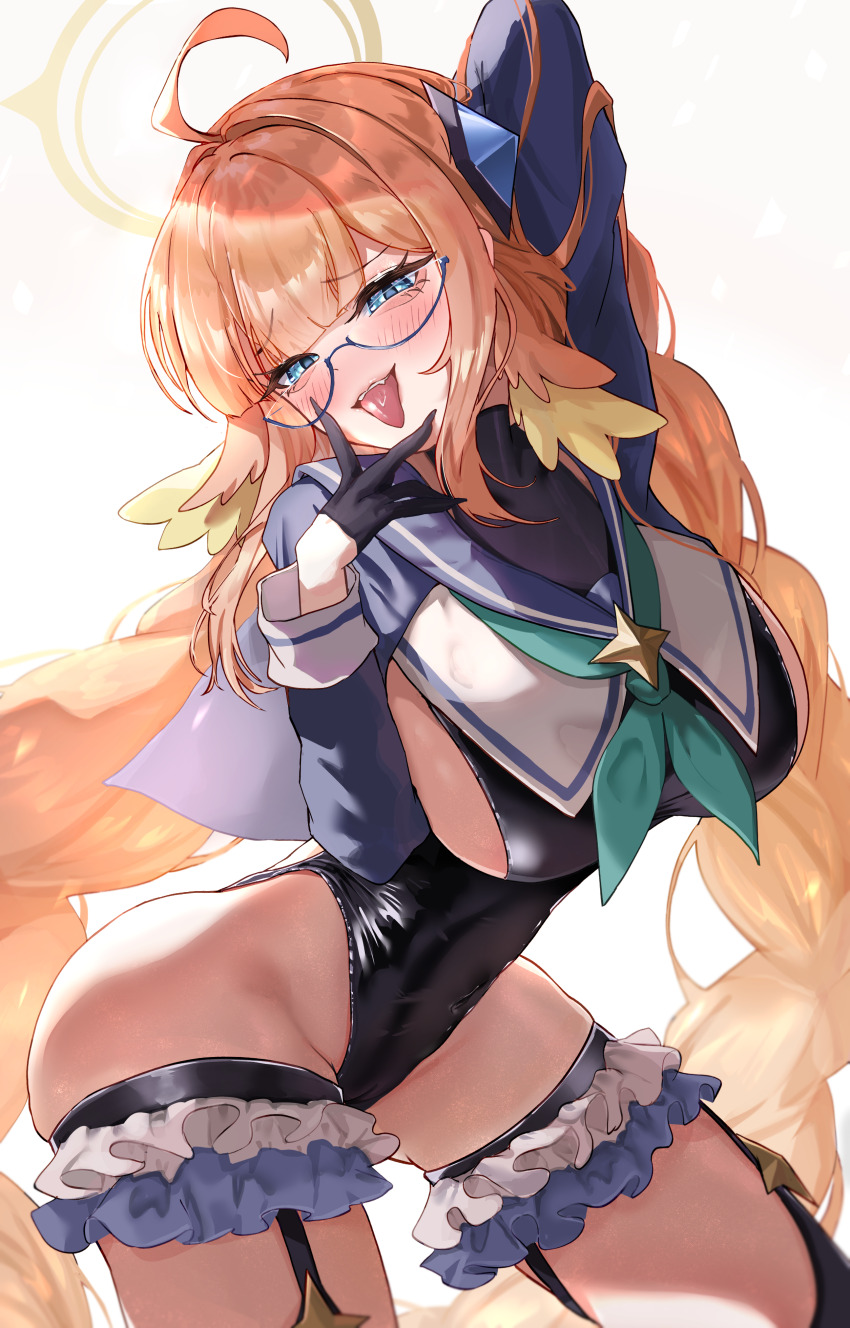 1girl :p absurdres ahoge aqua_neckerchief arm_behind_head black_garter_straps black_gloves black_leotard blue-framed_eyewear blue_archive blush braid breasts commentary_request feather_hair frilled_thigh_strap garter_straps glasses gloves gradient_background grey_background half_gloves halo highleg highleg_leotard highres large_breasts leotard long_hair looking_at_viewer neckerchief nekoplanetouo official_alternate_costume open_mouth orange_hair sailor_collar saliva shimiko_(blue_archive) shimiko_(magical)_(blue_archive) shrug_(clothing) sideboob simple_background solo thigh_strap thighs tongue tongue_out twin_braids very_long_hair white_background yellow_halo