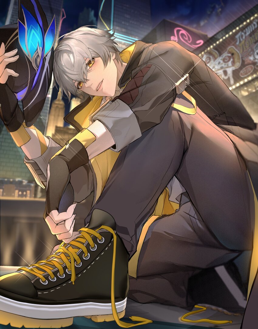 1boy absurdres black_gloves black_hat black_jacket black_shoes caelus_(honkai:_star_rail) commentary fingerless_gloves gloves grey_hair grey_pants hair_between_eyes hat highres holding holding_unworn_clothes holding_unworn_hat honkai:_star_rail honkai_(series) jacket lion_2929 male_focus pants shoes short_hair smile sneakers solo symbol-only_commentary trailblazer_(honkai:_star_rail) unworn_hat unworn_headwear yellow_eyes