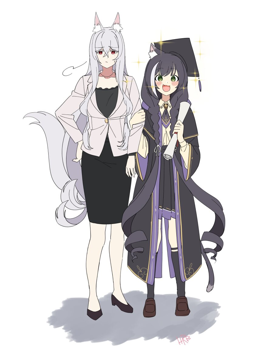 2girls :/ :d absurdres animal_ears black_hair black_headwear blush braid cat_ears cat_girl cat_tail collarbone fang fox_ears fox_girl fox_tail green_eyes grey_hair hand_on_own_hip highres holding holding_scroll karyl_(princess_connect!) karyl_(transfer_student)_(princess_connect!) light_frown locked_arms long_braid long_hair looking_ahead looking_to_the_side multicolored_hair multiple_girls office_lady open_mouth princess_connect! red_eyes school_uniform scroll senri_mana sigh smile sparkle streaked_hair sweatdrop tail twin_braids urb03 white_background