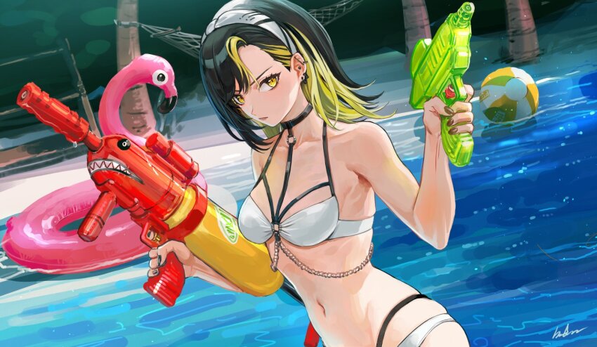 1girl asymmetrical_bangs asymmetrical_dual_wielding ball bare_arms bare_shoulders beachball bikini black_hair black_nails blonde_hair breasts closed_mouth dual_wielding ear_piercing finger_on_trigger from_side holding holding_water_gun idolmaster idolmaster_shiny_colors ikaruga_luca inflatable_flamingo infukun looking_at_viewer medium_hair multi-strapped_bikini_bottom multicolored_hair navel o-ring o-ring_bikini piercing serious sideways_glance signature solo swimsuit two-tone_hair upper_body v-shaped_eyebrows water water_gun white_bikini yellow_eyes