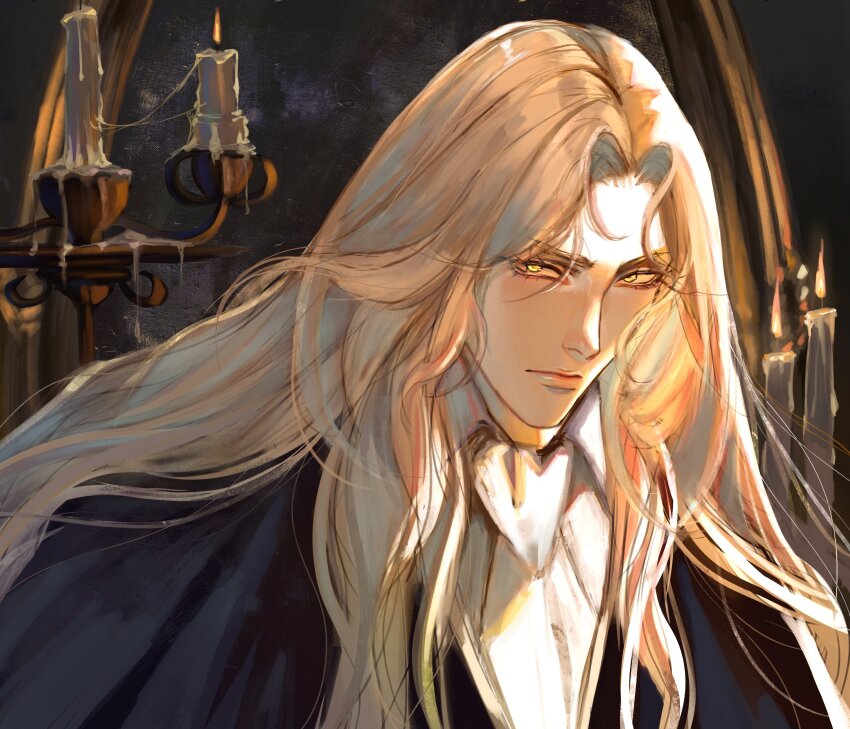 1boy absurdres alucard_(castlevania) ascot black_robe blonde_hair candle candlelight candlestand castlevania:_nocturne castlevania_(series) closed_mouth collared_shirt commentary english_commentary hashtag-only_commentary henoopd highres long_hair looking_at_viewer male_focus portrait robe shirt solo white_ascot yellow_eyes