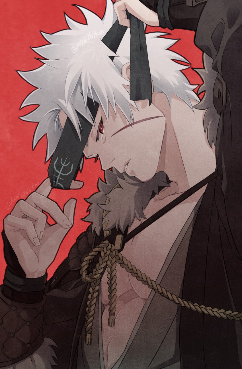 1boy adam&#039;s_apple commentary_request dressing fingernails grey_hair headband highres japanese_clothes kemu_(19002265km) looking_at_viewer male_focus naruto_(series) parted_lips pectoral_cleavage pectorals red_background red_eyes rope scar scar_on_face senju_tobirama signature solo twitter_username upper_body white_hair