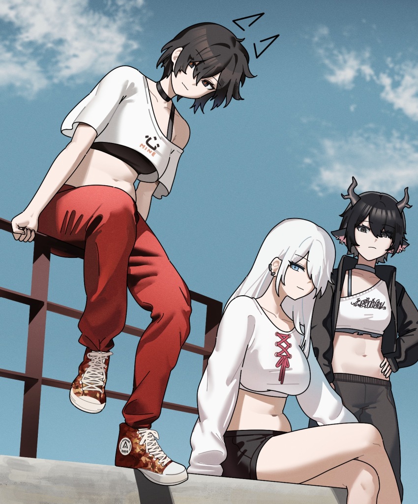 3girls animal_ear_piercing animal_ears antlers black_choker black_eyes black_hair black_jacket black_pants black_shorts black_sports_bra blue_eyes blue_sky borrowed_character breasts catherine_(sedai) choker clothes_writing cloud cloudy_sky collarbone commentary crossed_legs crossover deer_antlers deer_ears deer_girl drawn_ears earclip english_commentary eyelashes full_body grey_choker hair_between_eyes hair_over_one_eye hair_over_shoulder hand_on_own_hip hand_on_railing highres horns jacket long_hair long_sidelocks long_sleeves looking_at_viewer medium_breasts messy_hair midriff multiple_girls navel oaklyn_(k-rha) on_railing open_clothes open_jacket original pants railing red_pants red_pupils red_shoes sedai shadow shirt shoes short_hair short_sleeves shorts sidelocks single-shoulder_shirt single_bare_shoulder single_sidelock single_strap sitting sky sports_bra standing straight_hair sweatpants white_hair white_shirt z-chan_(milim_nova)