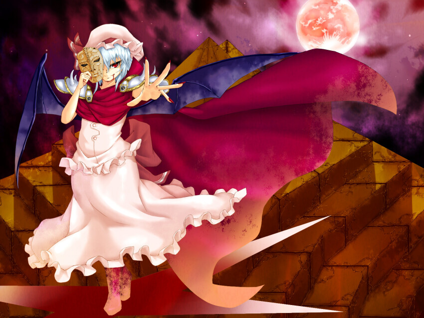 1girl bat_wings blood blood_on_face blue_hair dress frilled_dress frills hat hat_ribbon highres jojo_no_kimyou_na_bouken kcajonama m.u.g.e.n mob_cap moon night one_eye_covered open_hand pink_hat pyramid_(structure) reaching reaching_towards_viewer red_eyes red_moon red_nails red_ribbon remilia_scarlet ribbon seitei_jujiryou short_hair smile solo spiked_pauldrons stone_mask_(jojo) touhou two-tone_cape waist_ribbon wings