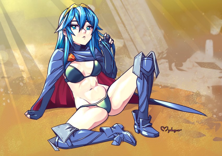 1girl @storm5958 alexis_tipton bikini black_bikini blue_eyes blue_hair boots breasts cape fingerless_gloves fire_emblem gloves groin highres jake_brito kobayashi_yu laura_bailey lips lucina_(fire_emblem) maho_malice matching_hair/eyes navel nintendo on_ground parted_lips signature swimsuit voice_actor_connection