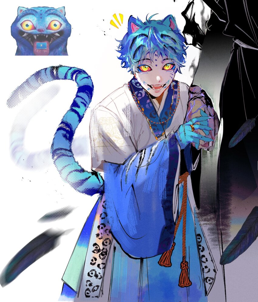 1boy ajksama animal_ears aqua_hair colored_sclera cowboy_shot curly_hair derpy_(kpop_demon_hunters) facial_tattoo fangs hanbok highres humanization korean_clothes kpop_demon_hunters male_focus multicolored_hair open_mouth red_sclera short_hair simple_background slit_pupils smile tail tattoo teeth tiger_boy tiger_ears tiger_tail two-tone_hair white_background white_hanbok yellow_eyes
