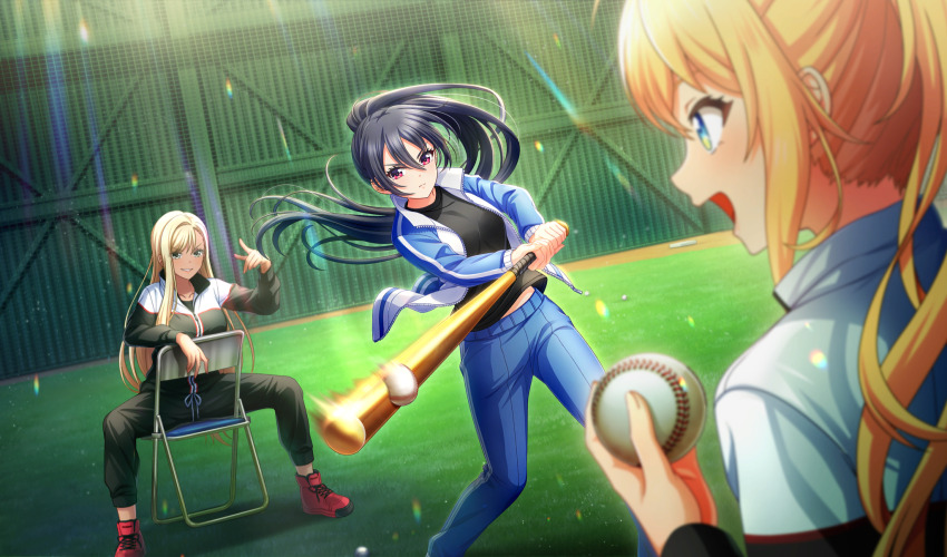 3girls amelia_thunders ball baseball_(object) baseball_bat black_hair black_pants black_shirt blonde_hair blue_hair blue_pants blurry chair cinderella_series closed_mouth depth_of_field dutch_angle film_grain floating_hair folding_chair frida_fernandez_amber game_cg green_eyes grin hachigatsu_no_cinderella_nine hair_between_eyes high_ponytail highres holding holding_ball holding_baseball_bat indoors jacket light_rays long_hair long_sleeves looking_at_another looking_at_object metal_baseball_bat motion_blur multicolored_jacket multiple_girls non-web_source official_alternate_hairstyle official_art on_chair open_clothes open_jacket open_mouth pants ponytail red_eyes red_footwear shinonome_ryo shirt sitting sitting_backwards smile standing track_jacket track_pants v-shaped_eyebrows very_long_hair