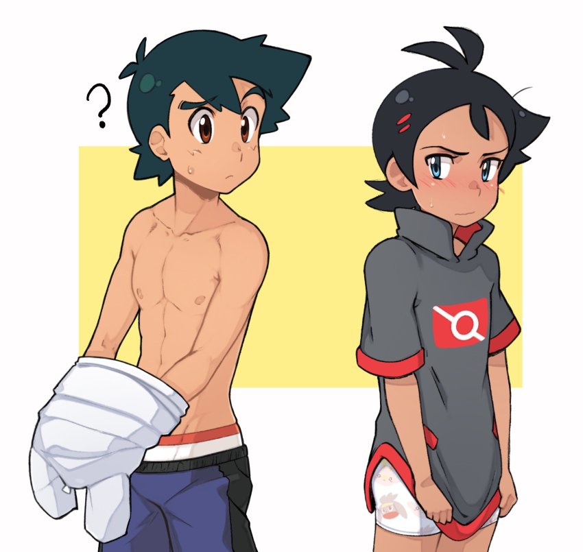 2boys ? antenna_hair ash_ketchum black_hair blue_eyes blush boxer_briefs brown_eyes character_print closed_mouth collarbone commentary_request creatures_(company) frown game_freak gen_8_pokemon goh_(pokemon) grey_shirt highres male_focus male_underwear multiple_boys nintendo pokemon pokemon_(anime) pokemon_journeys raboot scorbunny shirt short_sleeves shorts sweat sweatdrop tama!_(lazyturtle) underwear underwear_peek undressing white_boxer_briefs white_shirt