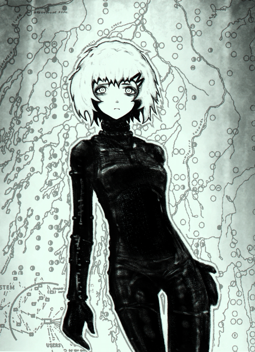 11e10 1girl bags_under_eyes black_bodysuit bodysuit cowboy_shot faux_traditional_media hair_ornament hairclip highres leaning_to_the_side looking_at_viewer map marie_(peripeteia) monochrome outline peripeteia ringed_eyes short_hair solo tareme white_hair