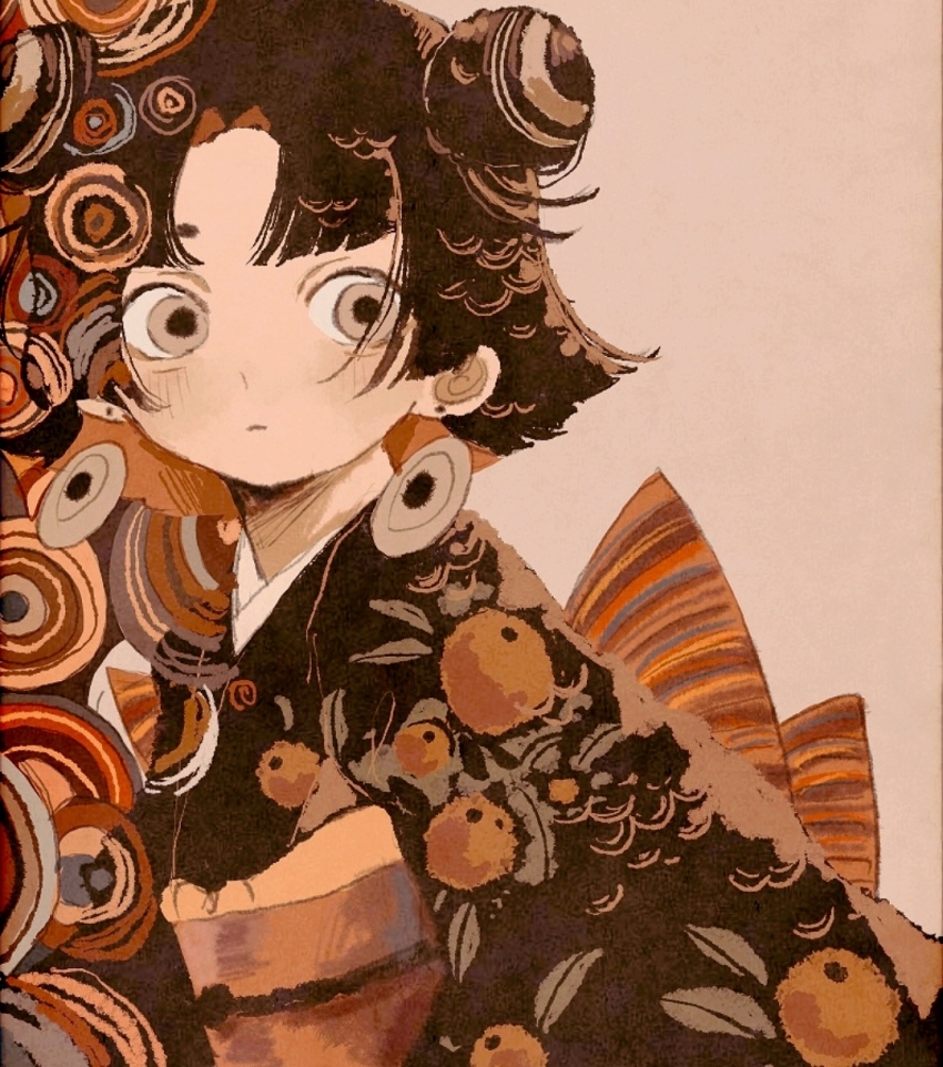 1girl black_hair black_kimono blunt_bangs brown_sash closed_mouth curtained_hair double_bun earrings flipped_hair food_print fruit_print grey_background grey_eyes hair_bun highres japanese_clothes jewelry kimono looking_back medium_hair middle_part orange_print original simple_background solo striped_sash stud_earrings wasabi_natsume wide-eyed
