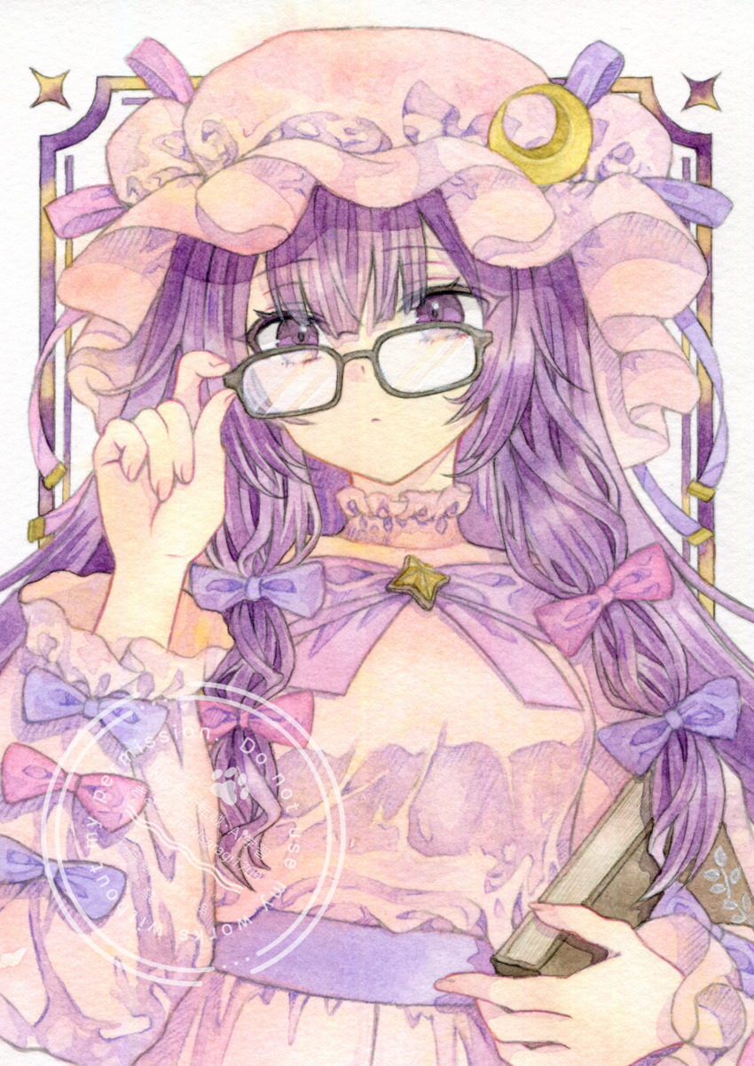1girl absurdres adjusting_eyewear alternate_costume bespectacled black-framed_eyewear book bow breasts closed_mouth commentary crescent crescent_hat_ornament dress glasses hair_bow hat hat_ornament highres holding holding_book kisarush long_hair long_sleeves looking_at_viewer mob_cap multiple_hair_bows painting_(medium) patchouli_knowledge pink_bow pink_dress pink_hat purple_bow purple_eyes purple_hair solo symbol-only_commentary touhou traditional_media very_long_hair watercolor_(medium) watermark