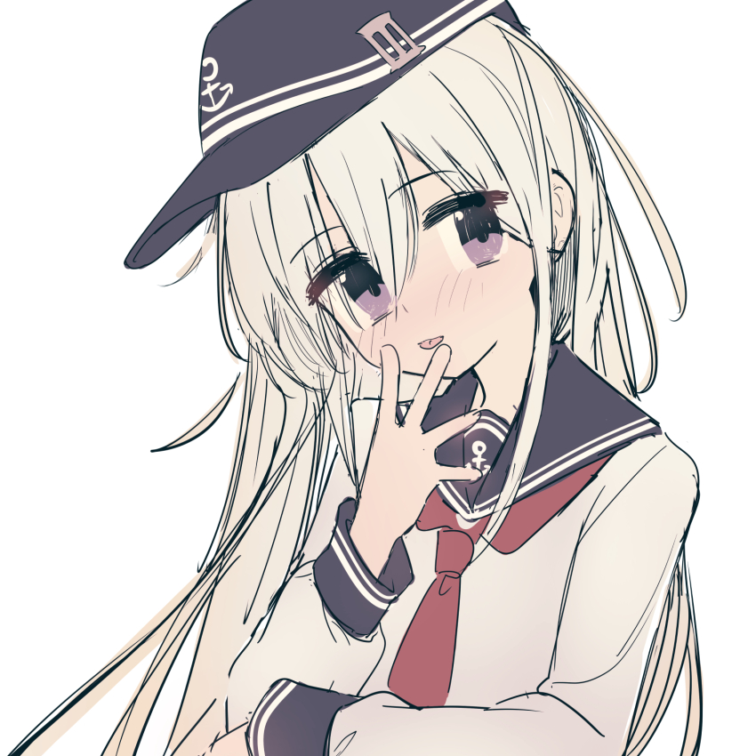 1girl alternate_eye_color anchor_symbol blue_hat blue_sailor_collar flat_cap hair_between_eyes hat hat_pin hibiki_(kancolle) highres kantai_collection long_hair long_sidelocks long_sleeves looking_at_viewer neckerchief purple_eyes red_neckerchief sailor_collar sidelocks simple_background sketch solo tetuw tongue tongue_out upper_body white_background white_hair