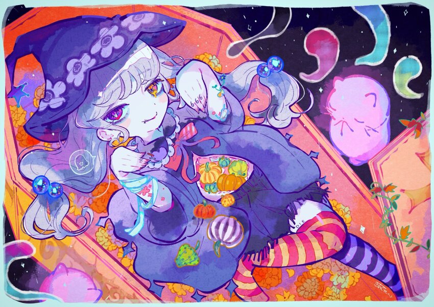1girl 666 asymmetrical_legwear bags_under_eyes black_skirt border cat cloak closed_mouth coffin commentary floral_print from_above full_body ghost halloween hands_up hat heterochromia highres kiato long_hair looking_at_viewer low-tied_long_hair lying melting_eyes mismatched_legwear on_back original outstretched_arms pale_skin pink_ribbon pleated_skirt pumpkin purple_cloak purple_hat purple_thighhighs red_eyes red_lips red_thighhighs ribbon skirt smile solo stitched_mouth stitches striped_clothes striped_thighhighs symbol-only_commentary thighhighs white_border wide_sleeves witch witch_hat yellow_eyes zombie_pose