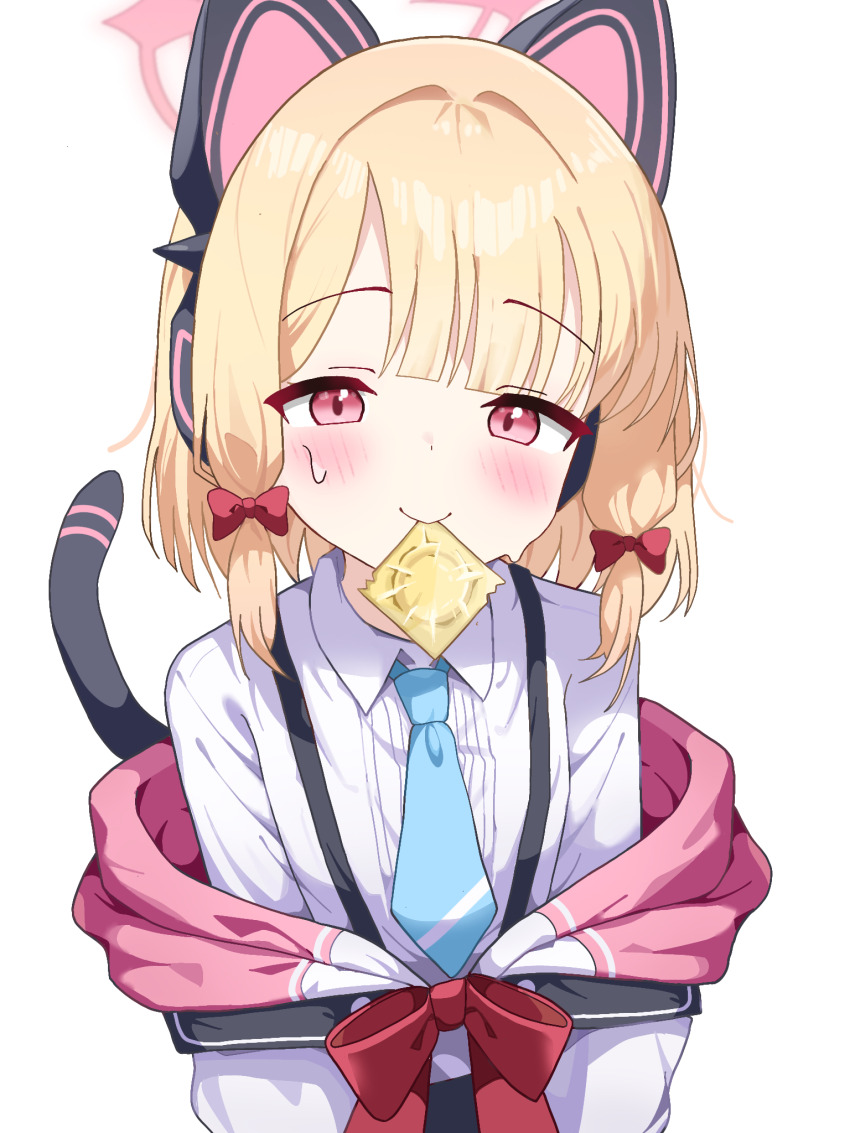 1girl animal_ear_headphones animal_ears blonde_hair blue_archive blue_necktie blush cardcat_00 commentary_request condom condom_in_mouth fake_animal_ears halo headphones highres jacket korean_commentary loli looking_at_viewer momoi_(blue_archive) mouth_hold necktie shirt simple_background solo tail white_background white_shirt