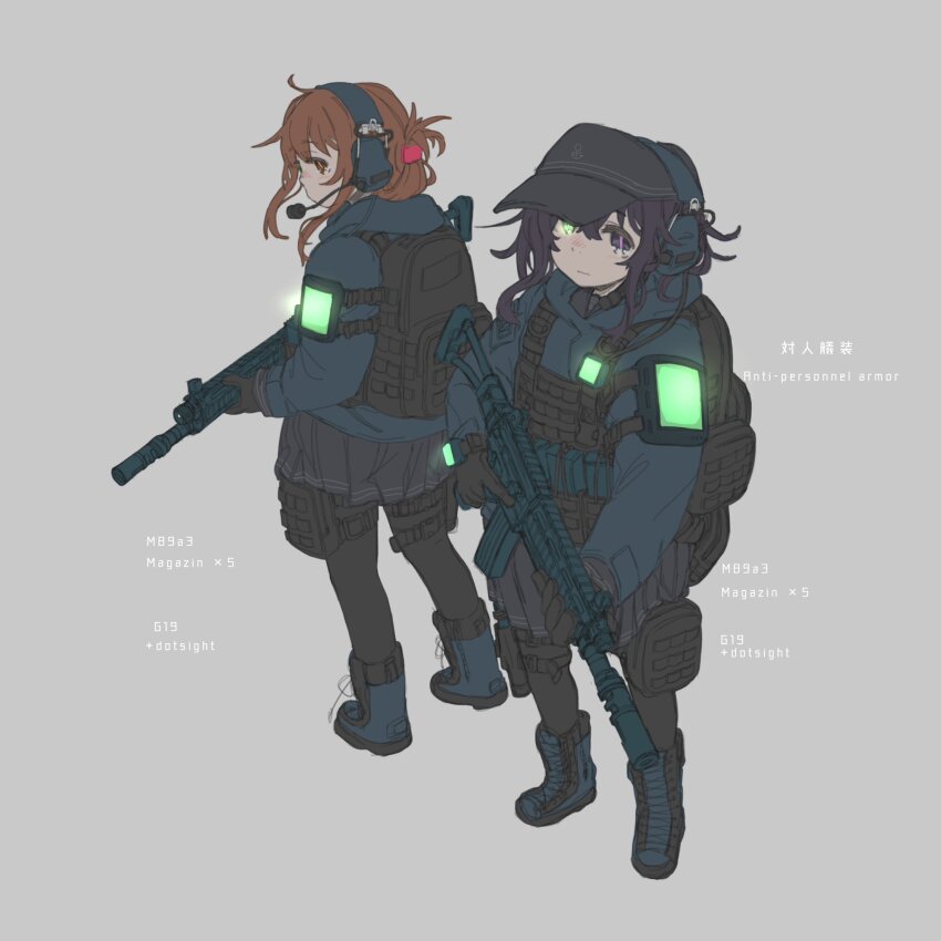 akatsuki_(kancolle) alternate_costume assault_rifle black_gloves black_hair black_pantyhose black_skirt boots brown_eyes brown_hair closed_mouth english_text flat_cap folded_ponytail gloves glowing glowing_eye green_eyes grey_background gun hair_between_eyes hat headphones headset heterochromia highres holding holding_gun holding_weapon hood hood_down howa_type_89 inazuma_(kancolle) jacket kantai_collection kuro4221 long_sleeves looking_at_viewer multiple_girls pantyhose purple_eyes rifle short_hair simple_background skirt standing tactical_clothes weapon