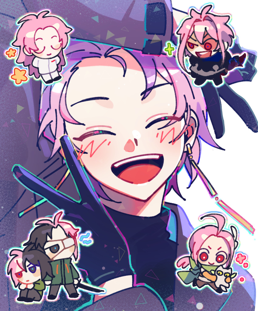 6+boys :d ahoge antenna_hair arm_over_head black_eyes black_gloves black_hair black_pants black_shawl black_sweater blue_pupils bright_pupils brown_pants chibi closed_eyes closed_mouth detached_sleeves dita_iliner double_v earrings eyepatch gloves godzylla_(saibou_shinkyoku) green_jacket green_scarf green_shirt grey_jacket grey_pants grey_shirt hair_intakes hatsutori_hajime heterochromia highres holding holding_sword holding_weapon hsh7955 jacket jewelry long_hair long_sleeves low_ponytail male_focus medical_eyepatch multicolored_hair multiple_boys nanami_izu nijou_ryuu no_mouth no_sclera open_clothes open_jacket open_mouth pants parted_bangs pink_hair ponytail purple_hair red_eyes saibou_shinkyoku scarf shawl shirt short_hair short_hair_with_long_locks sitting smile sparkle split-color_hair standing star_(symbol) sweater sword teeth theodore_riddle torn_clothes turtleneck turtleneck_sweater two-tone_hair uneven_eyes upper_teeth_only v weapon white_background white_pants white_pupils white_shirt yellow_sleeves