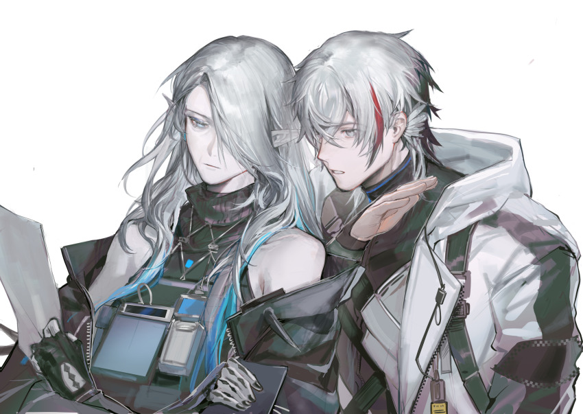 1boy 1girl aqua_eyes aqua_hair arknights elysium_(arknights) hair_over_one_eye highres long_hair mantra_(arknights) multicolored_hair off_shoulder pointy_ears skolly streaked_hair white_hair