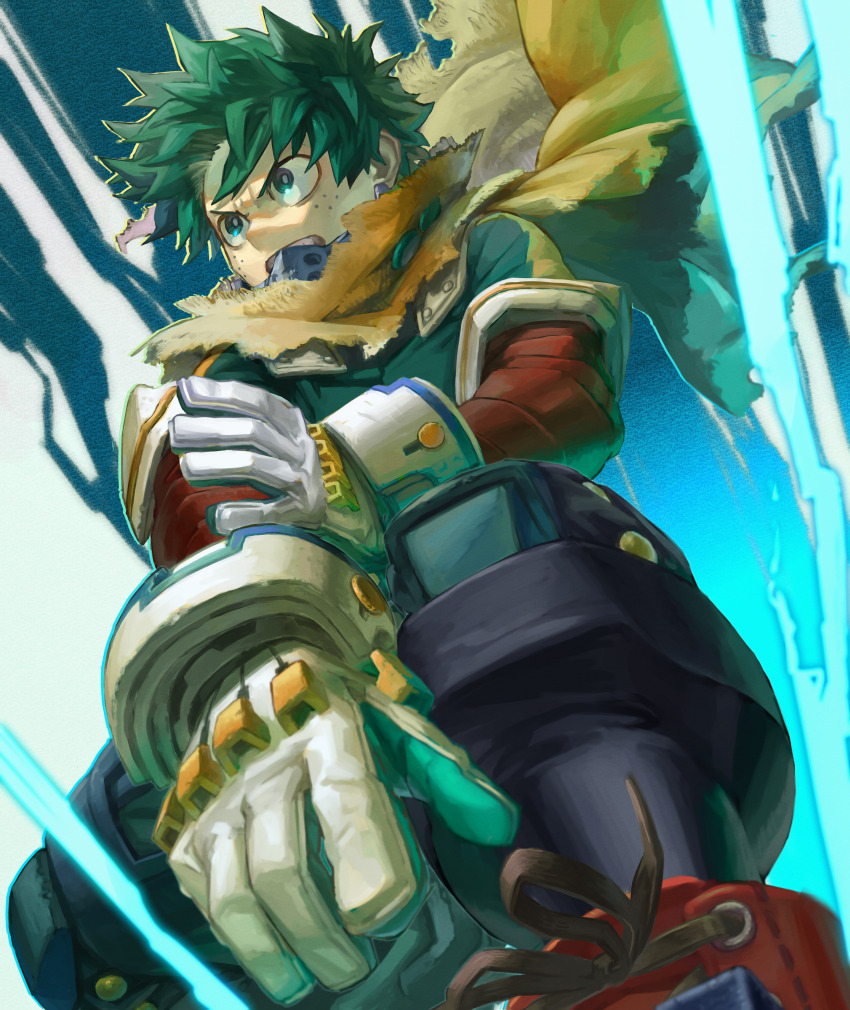 1boy absurdres aqua_bodysuit aqua_gloves background_request blue_background blue_outline boku_no_hero_academia bright_pupils cape feet_out_of_frame floating_cape foreshortening freckles from_below furrowed_brow gloves gradient_background gradient_outline green_eyes green_hair green_outline grey_pupils hand_on_own_arm hand_up highres looking_ahead male_focus mask mask_around_neck midoriya_izuku mouth_mask multicolored_background official_alternate_costume outline serious short_hair solo spoilers squatting three_quarter_view torn_cape torn_clothes two-tone_bodysuit v-shaped_eyebrows white_background white_gloves yellow_cape yellow_outline yomoyama_yotabanashi