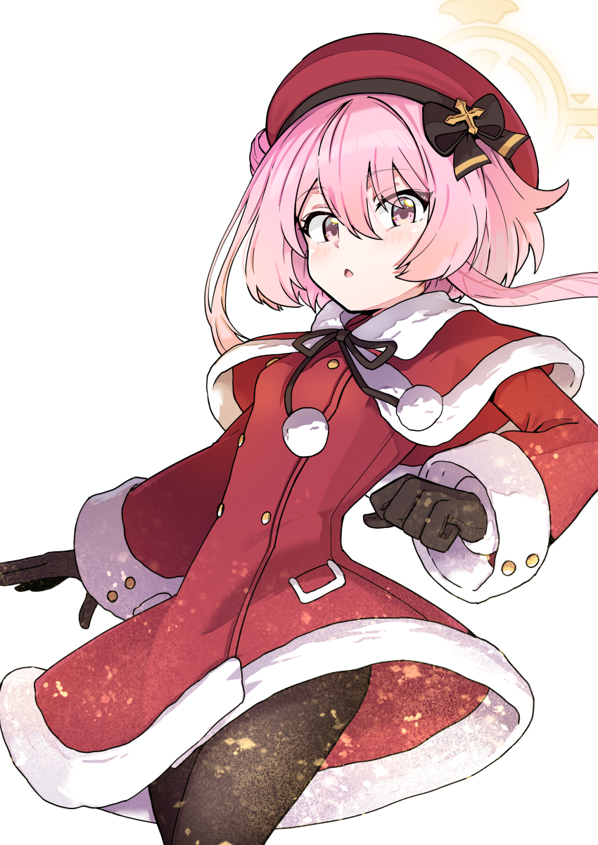 9-san absurdres black_gloves black_pantyhose blue_archive breasts coat feather_hair gloves hair_between_eyes halo highres looking_at_viewer medium_hair pantyhose pink_eyes pink_hair red_coat santa_costume serina_(blue_archive) serina_(christmas)_(blue_archive) simple_background small_breasts thighs white_background yellow_halo
