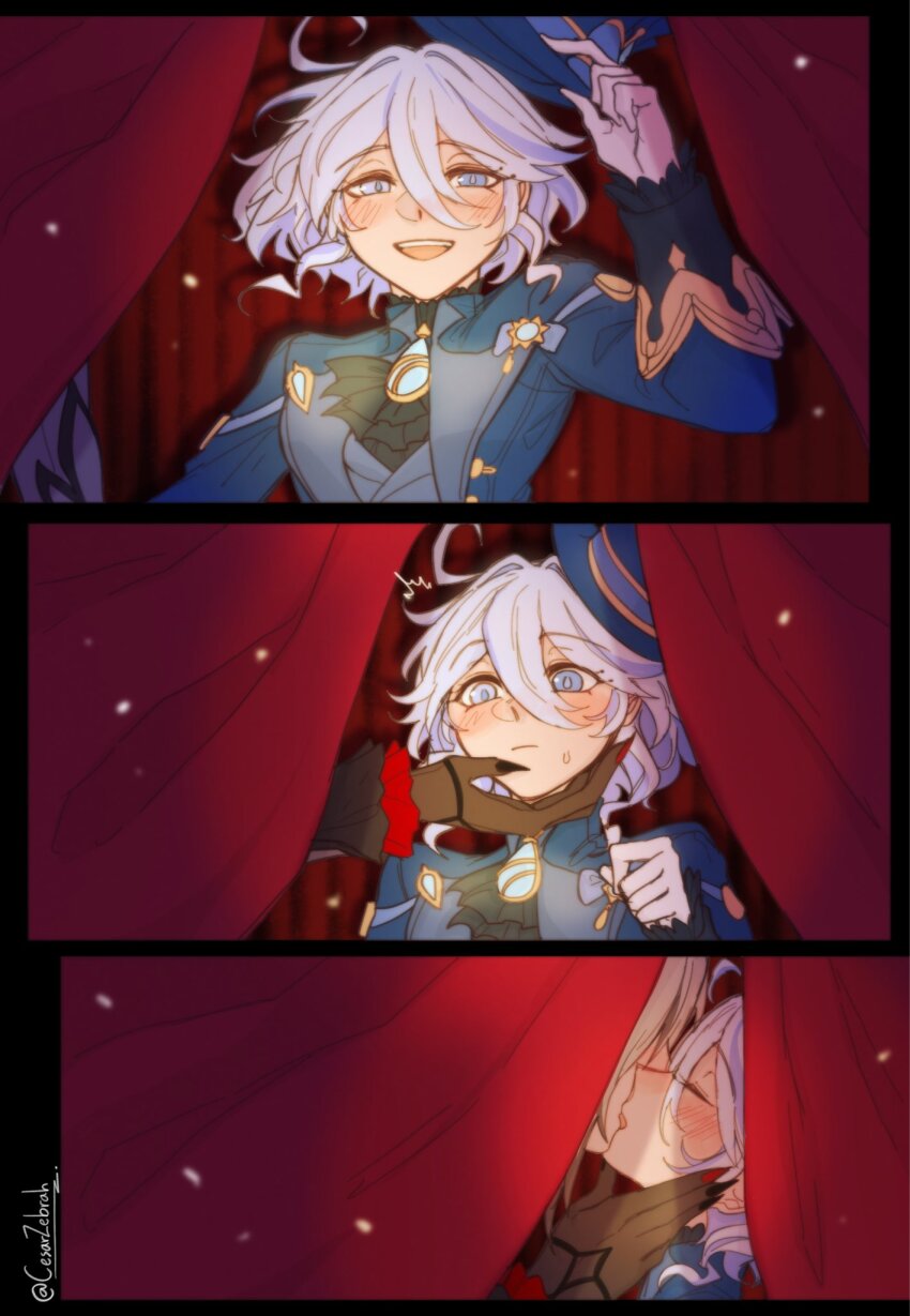 2girls arlecchino_(genshin_impact) black_hands blue_eyes blue_hair blue_jacket blue_streaks blush cesar_zebrah claws closed_eyes colored_extremities commentary curtains english_commentary french_kiss furina_(genshin_impact) genshin_impact hand_on_another&#039;s_face hat_tip heterochromia highres jacket kiss looking_at_viewer mismatched_pupils multiple_girls open_mouth smile stage_curtains yuri