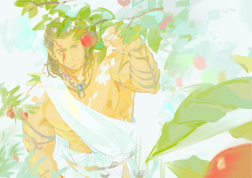 1boy absurdres ancient_greek_clothes apple baldur&#039;s_gate baldur&#039;s_gate_3 bara brown_hair dark-skinned_male dark_skin elf food from_above fruit greco-roman_clothes halsin highres leaf lee999nine light_smile male_focus mature_male medium_hair muscular muscular_male nature pectorals pointy_ears apple sash shoulder_sash solo thick_eyebrows