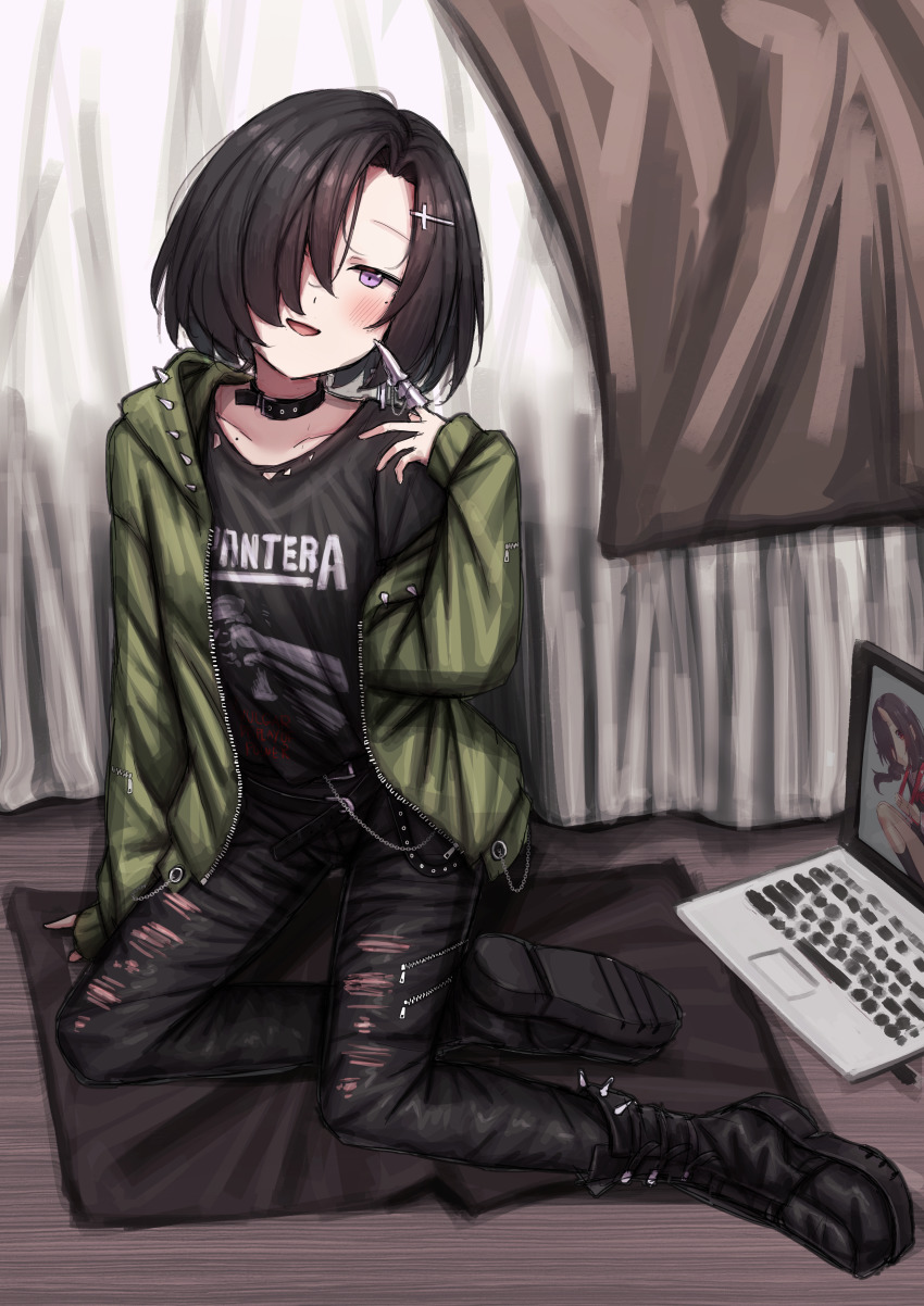 1girl absurdres band_shirt belt_chain black_choker black_hair black_shirt boots choker claw_ring collarbone computer cross cross_hair_ornament denim green_hoodie hair_ornament hand_on_floor highres hood hoodie indoors jeans laptop lobsteranian looking_at_viewer merchandise mole mole_on_collarbone mole_under_eye on_floor one_eye_covered open_clothes open_hoodie open_mouth original pantera_(band) pants purple_eyes shirt short_hair smile solo spiked_boots spiked_hood torn_clothes torn_jeans torn_legwear torn_pants