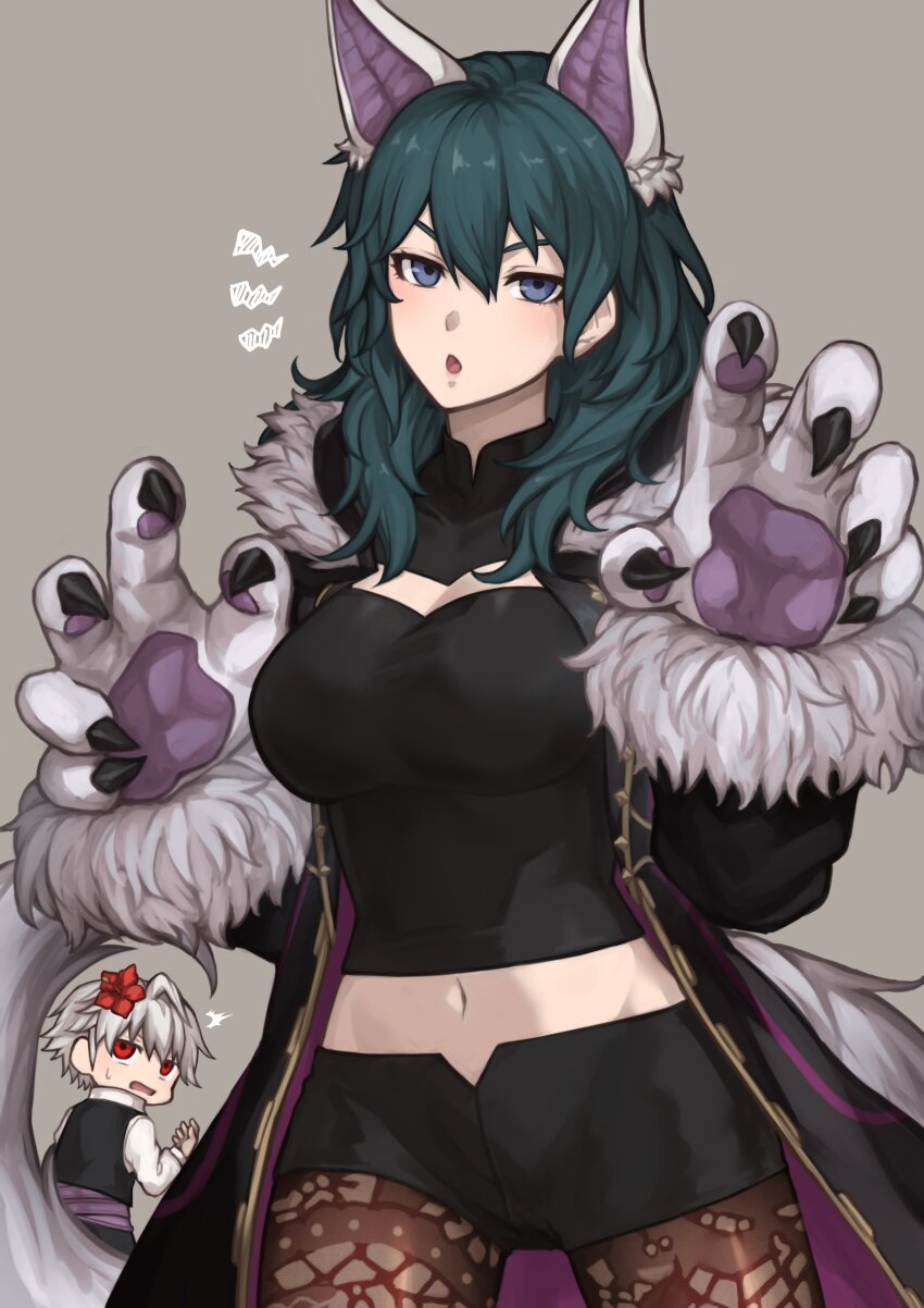 1boy 1girl :o absurdres alternate_costume animal_ears animal_hands black_robe black_shirt black_shorts black_vest blue_hair borrowed_clothes breasts brown_pantyhose commentary cosplay fake_animal_ears fake_tail female_byleth_(fire_emblem) fire_emblem fire_emblem:_three_houses fire_emblem_awakening fire_emblem_heroes flower fur-trimmed_sleeves fur_trim gloves grey_background grima_(fire_emblem) hair_between_eyes hair_flower hair_ornament highres long_hair long_sleeves looking_at_viewer male_robin_(fire_emblem) male_robin_(fire_emblem)_(cosplay) medium_breasts midriff navel nintendo open_clothes open_robe pantyhose paw_gloves purple_eyes red_eyes red_flower robe male_robin_(halloween)_(fire_emblem) shirt short_hair short_shorts shorts simple_background sweatdrop tail vest white_gloves white_hair white_shirt wolf_ears wolf_tail zuzu_(ywpd8853)