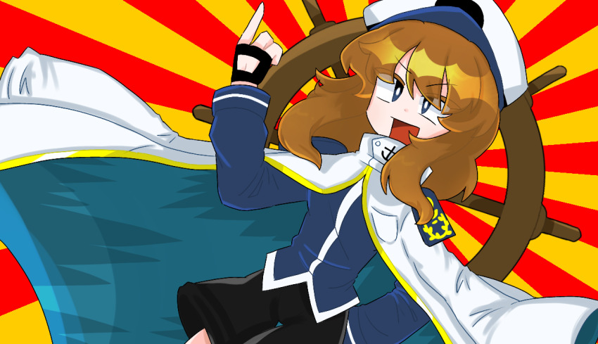 1girl anchor anchor_print arm_up black_gloves black_shorts blue_eyes blue_shirt bright_pupils brown_hair coat coat_on_shoulders colored_eyelashes cowboy_shot dutch_angle fingerless_gloves gloves gold_trim hand_on_own_hip hat kouzui_nua long_hair long_sleeves open_mouth original peaked_cap priswocaer shirt shorts smile solo sunburst sunburst_background touhou two-sided_coat two-sided_fabric v-shaped_eyebrows white_coat white_hat white_pupils wonderful_waking_world