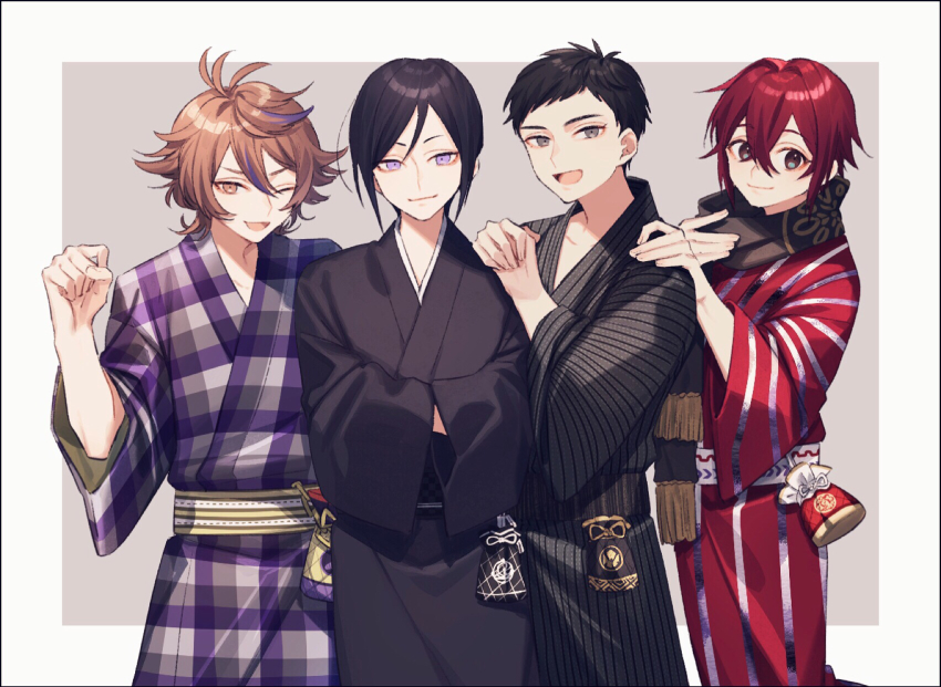 4boys :d ;d aqua_eyes atsushi_toushirou bag black_border black_hair border brown_eyes brown_hair gotou_toushirou grey_eyes hand_on_another&#039;s_shoulder hands_in_opposite_sleeves highres japanese_clothes kimono male_focus multiple_boys one_eye_closed open_mouth purple_eyes red_hair scarf shinano_toushirou smile touken_ranbu yagen_toushirou yamada_chickenko yukata