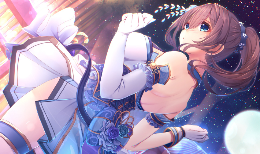 1girl alternate_costume asymmetrical_gloves blue_eyes breasts commentary_request dutch_angle elbow_gloves female_focus flower gloves griddle highres idolmaster idolmaster_cinderella_girls idolmaster_cinderella_girls_starlight_stage large_breasts long_hair looking_away moon night rose sagisawa_fumika skirt sky solo star_(sky) starry_sky tatapopo uneven_gloves