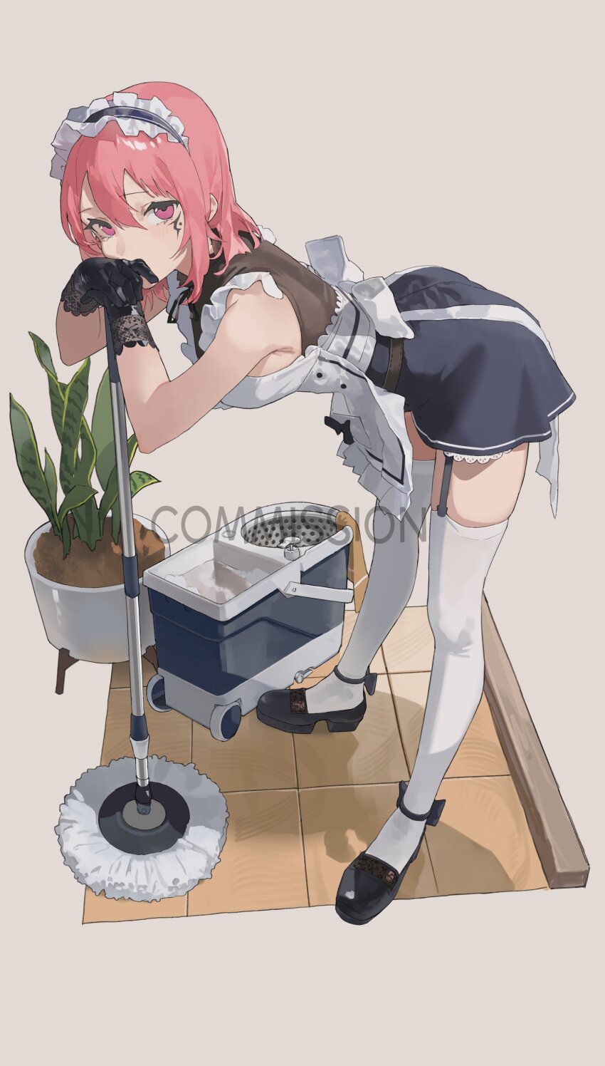 1girl absurdres ankle_bow ankle_ribbon anklet apron black_footwear black_gloves blue_skirt bow breasts character_request cleaning copyright_request dress ericx_gasi facial_mark frilled_apron frilled_dress frills garter_straps gloves highres jewelry lace lace-trimmed_skirt lace_trim looking_at_viewer maid maid_apron maid_headdress miniskirt mop mop_bucket pink_eyes pink_hair plant potted_plant ribbon sideboob simple_background skirt thighhighs