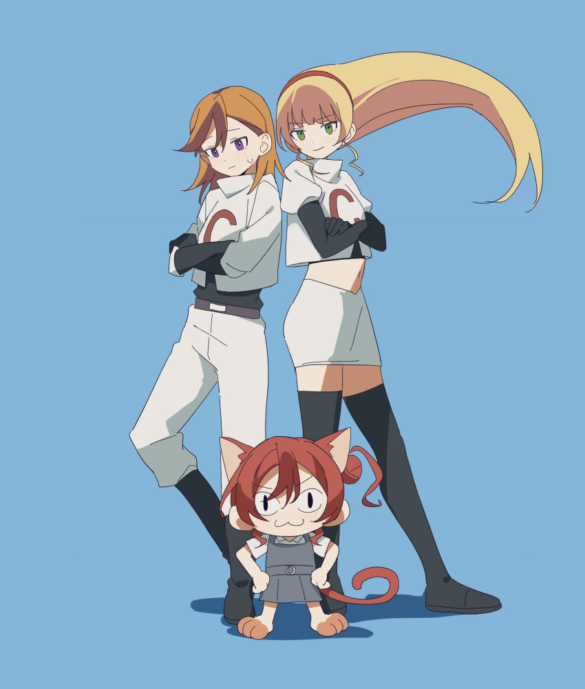 2girls :3 animal belt belt_buckle black_belt black_footwear black_gloves black_undershirt blonde_hair blue_background blue_belt blue_dress boots buckle cat character_request closed_mouth clothed_animal coldcat. collared_shirt cosplay cropped_shirt crossed_arms dot_nose dress elbow_gloves floating_hair gen_1_pokemon gloves green_eyes hair_between_eyes hair_bun hairband hands_on_own_hips highres james_(pokemon) james_(pokemon)_(cosplay) jessie_(pokemon) jessie_(pokemon)_(cosplay) long_hair long_sleeves looking_at_another loose_hair_strand love_live! love_live!_superstar!! medium_hair medium_skirt meowth midriff miniskirt multiple_girls navel nervous_smile nintendo o-ring o-ring_belt orange_hair pants pencil_skirt pinafore_dress pleated_skirt pokemon pokemon_(anime) pokemon_(creature) puffy_short_sleeves puffy_sleeves purple_eyes red_hair red_hairband shadow shirt short_hair_with_long_locks short_sleeves simple_background single_side_bun skirt sleeveless sleeveless_dress smile standing sweatdrop team_rocket thigh_boots turtleneck turtleneck_shirt very_long_hair white_pants white_shirt white_skirt