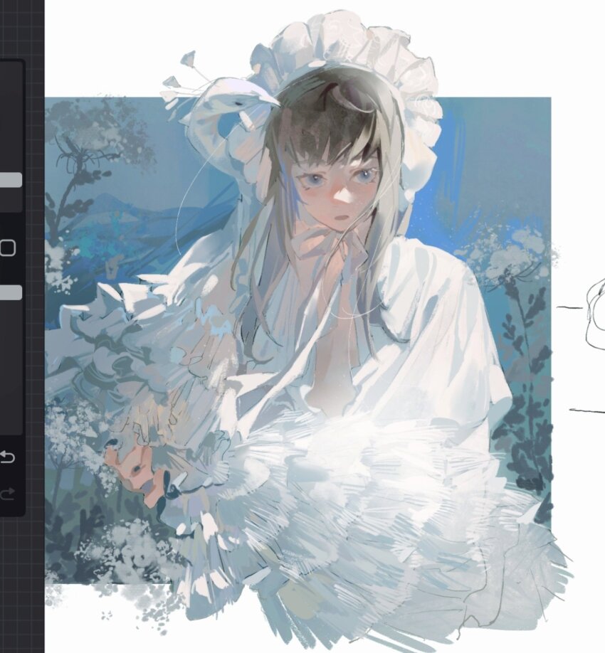 1girl art_program_in_frame bird black_hair bonnet classicaloid dress eyelashes flower highres long_hair long_sleeves octahooves open_mouth outdoors peacock ribbon solo tekla_badarzewska-baranowska_(classicaloid) upper_body white_dress white_ribbon