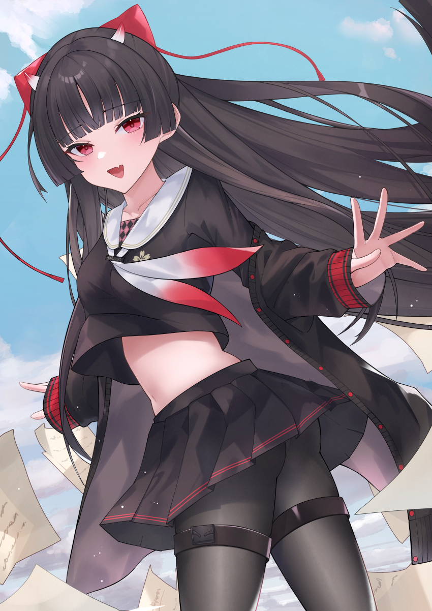 1girl absurdres azur_lane black_hair black_pantyhose black_shirt black_skirt bow cropped_shirt fang hair_bow highres horns long_hair long_sleeves looking_at_viewer neckerchief open_mouth pantyhose red_bow red_eyes sailor_collar sakawa_(azur_lane) shian-chu shirt skin_fang skirt small_horns solo triangle_mouth white_neckerchief white_sailor_collar
