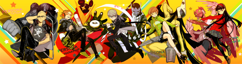 (persona_4) 2girls 3boys amagi_yukiko atlus bike_shorts black_hair blonde_hair brown_hair character_name denim feathered_wings feathers folding_fan grey_eyes grey_hair hairband hanamura_yousuke hand_fan headphones helmet highres hood hoodie izanagi_(persona_4) jacket jacket_on_shoulders jeans jiraiya_(persona_4) katana konohana_sakuya_(persona) kunai light_smile long_hair long_image looking_back megami_tensei multiple_boys multiple_girls narukami_yu open_mouth pants pantyhose persona persona_4 pleated_skirt polearm red_eyes satonaka_chie scabbard scar sheath shin_megami_tensei shishio_(shishio5431) shoes short_hair skirt skull_and_crossbones sneakers socks star_(symbol) sunglasses sweater sword take-mikazuchi tatsumi_kanji tomoe_(persona_4) tomoe_(queen&#039;s_blade) weapon wide_image wings