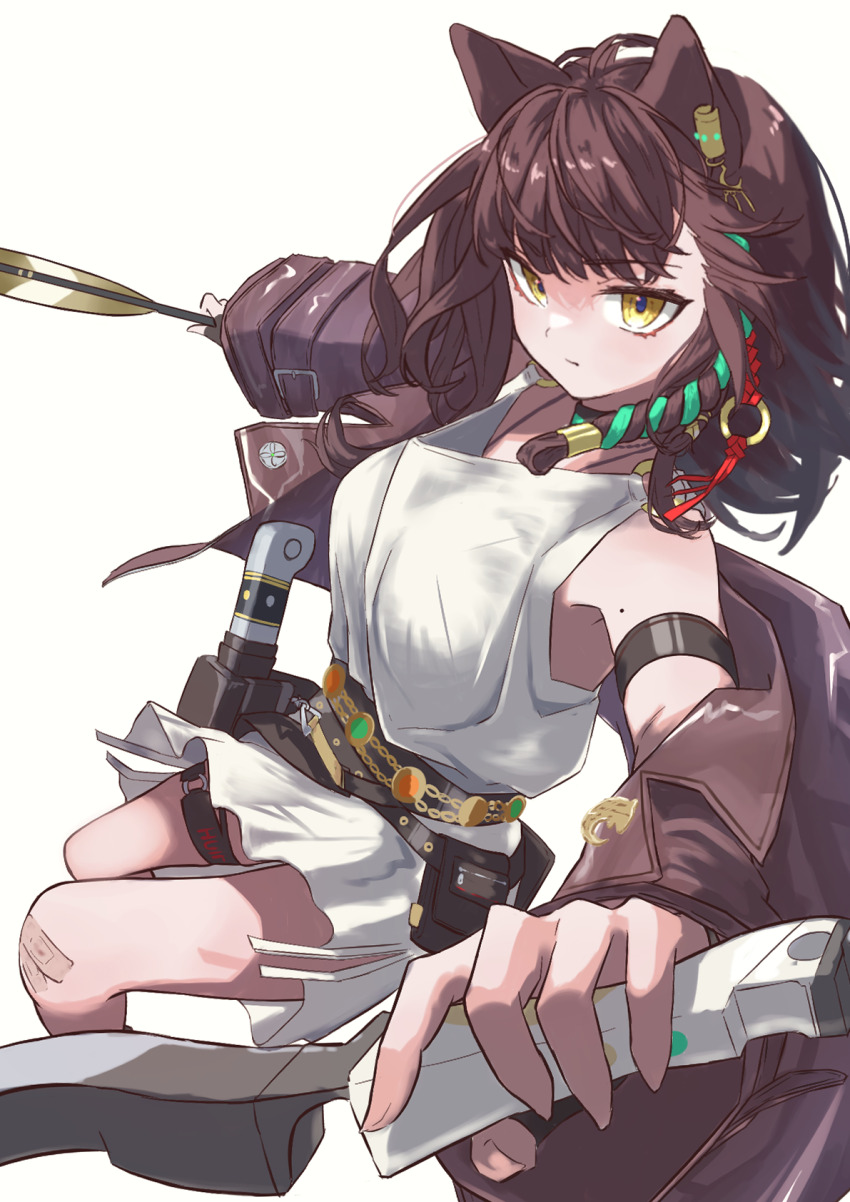 1girl animal_ears arknights arrow_(projectile) bandaid bandaid_on_knee bandaid_on_leg bow_(weapon) breasts brown_hair brown_jacket choker commentary_request dress earclip fingernails fur-trimmed_jacket fur_trim highres holding holding_arrow holding_bow_(weapon) holding_weapon jacket lamune_otohara long_hair long_sleeves looking_at_viewer lunacub_(arknights) mole mole_on_arm open_clothes serious simple_background solo weapon white_background white_dress wolf_ears wolf_girl yellow_eyes