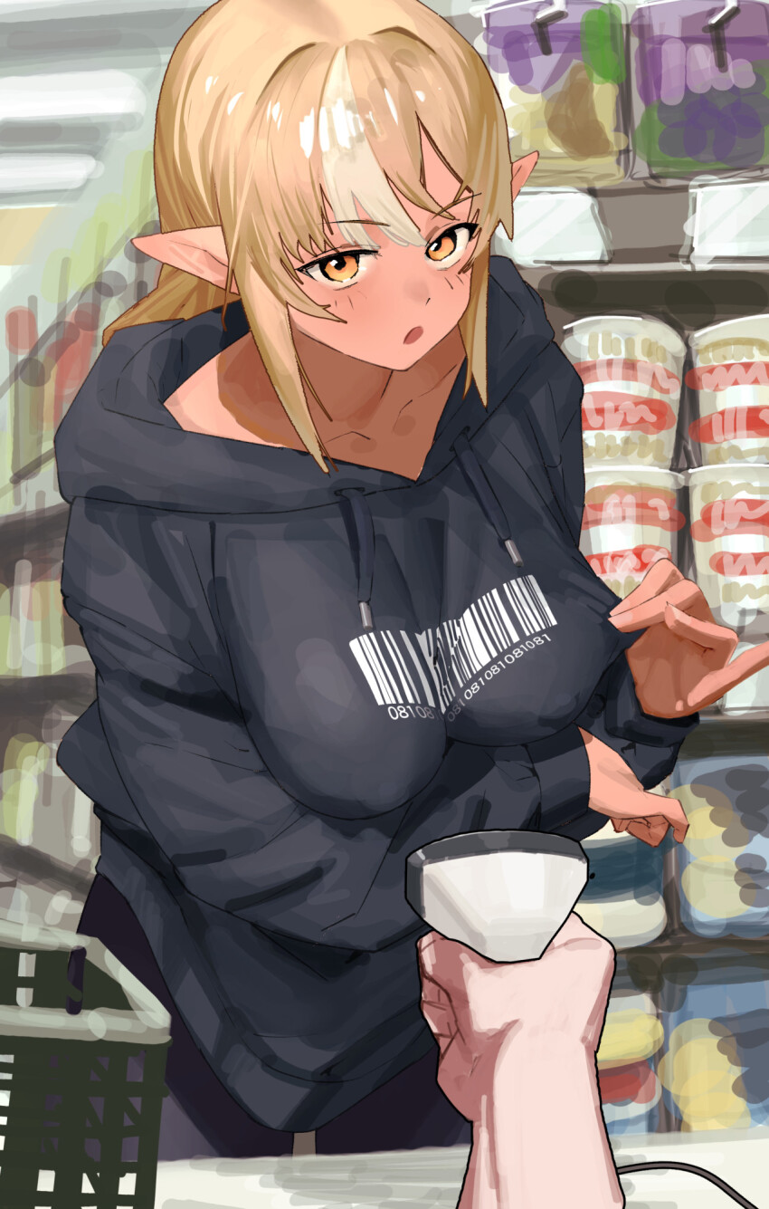 1girl 1other arm_under_breasts barcode barcode_scanner barcode_tattoo black_hoodie black_pants blonde_hair breasts convenience_store covered_erect_nipples dark-skinned_female dark_elf dark_skin elf highres holding holding_barcode_scanner hololive hood hoodie large_breasts long_hair long_sleeves looking_at_viewer multicolored_hair no_bra open_mouth orange_eyes pants pointy_ears shiranui_flare shop solo_focus streaked_hair tattoo uzuradobin virtual_youtuber white_hair