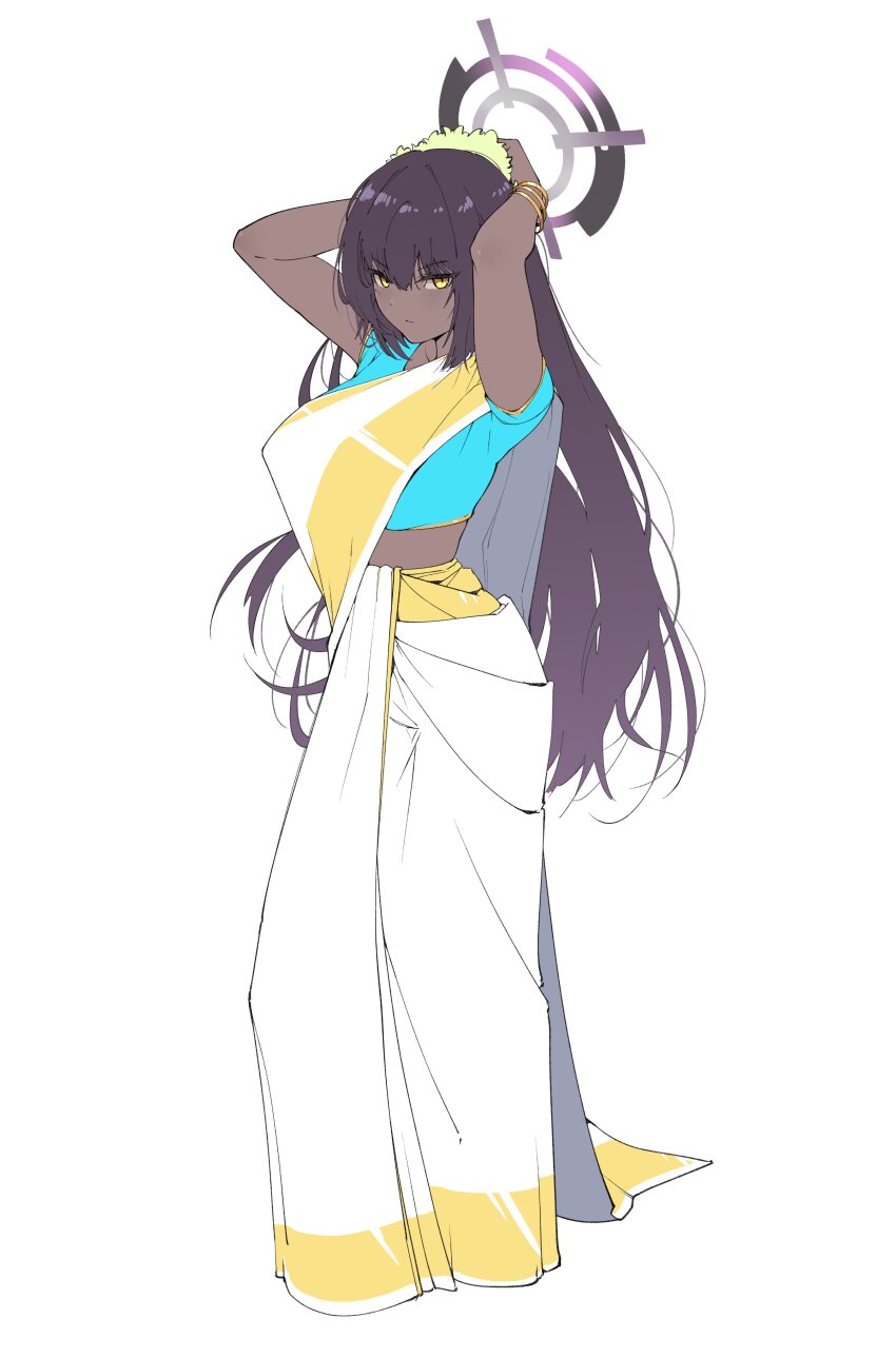 1girl absurdres adjusting_hair alternate_costume archives.gokulism arms_behind_head arms_up blue_archive blue_shirt bracelet breasts dark-skinned_female dark_skin dress expressionless full_body gold_bracelet halo highres indian_clothes jewelry karin_(blue_archive) large_breasts long_hair looking_at_viewer purple_halo saree sari shirt short_sleeves simple_background solo standing white_background white_dress yellow_eyes