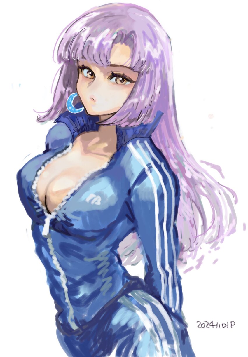 1girl breasts cleavage gundam gundam_zz highres long_hair looking_at_viewer mecha_pilot_suit normal_suit_(gundam) okrdisk2000 open_clothes orange_eyes purple_hair roux_louka white_background zipper_pull_tab