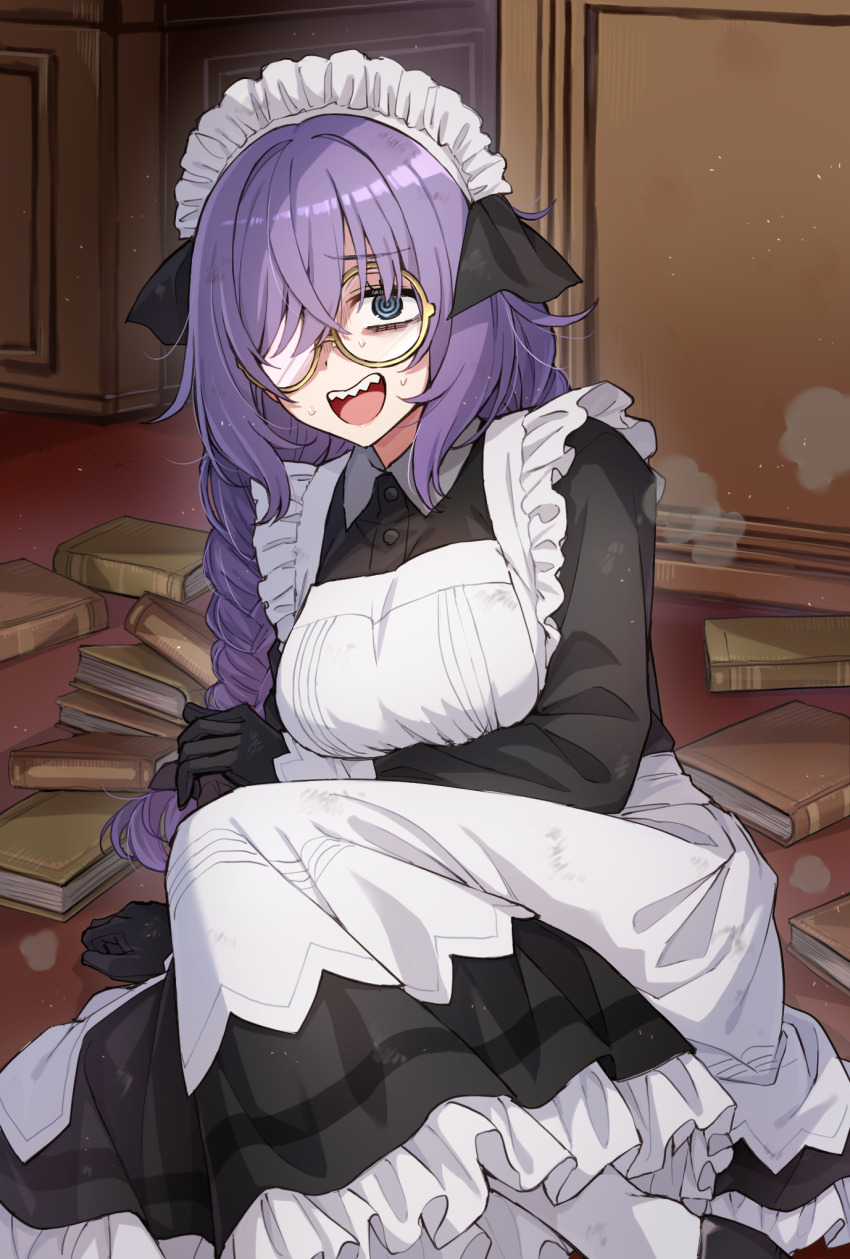 1girl @_@ apron black_gloves black_shoes blue_eyes book braid breasts collared_dress dress flying_sweatdrops frilled_apron frilled_dress frills gloves hair_over_one_eye highres long_hair long_sleeves looking_at_viewer maid maid_apron maid_headdress medium_breasts on_floor open_mouth original pantyhose purple_hair round_eyewear sharp_teeth shoes solo somechime_(sometime1209) teeth twin_braids very_long_hair white_apron white_pantyhose yellow-framed_eyewear