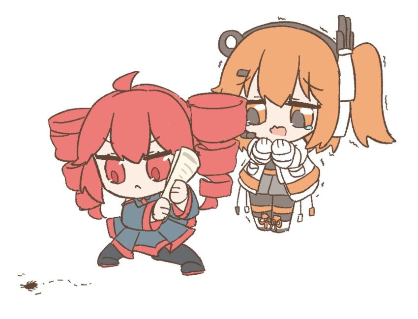 2girls a.i._voice adachi_rei ahoge black_footwear black_leggings boots bug cable chibi chibi_only closed_mouth commentary_request drill_hair gloves grey_eyes grey_shirt grey_shorts grey_skirt hair_ribbon hand_to_own_mouth headlamp highres holding hyouenn jacket kasane_teto kasane_teto_(utau) leggings long_sleeves medium_hair multiple_girls one_side_up open_clothes open_jacket open_mouth orange_eyes orange_hair radio_antenna red_eyes red_hair ribbon rolled_up_newspaper scared shirt shoes shorts simple_background skirt standing tears trembling twin_drills utau white_background white_footwear white_gloves white_jacket white_ribbon