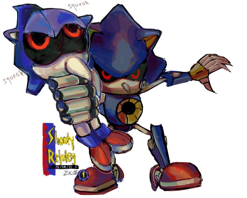 1boy artist_name black_sclera bonelessbastion bootleg_metal_sonic_plush character_doll clenched_hand colored_sclera commentary dated english_commentary full_body holding humanoid_robot looking_at_viewer male_focus metal_sonic no_mouth open_hand red_eyes robot science_fiction signature simple_background solo sonic_(series) standing white_background