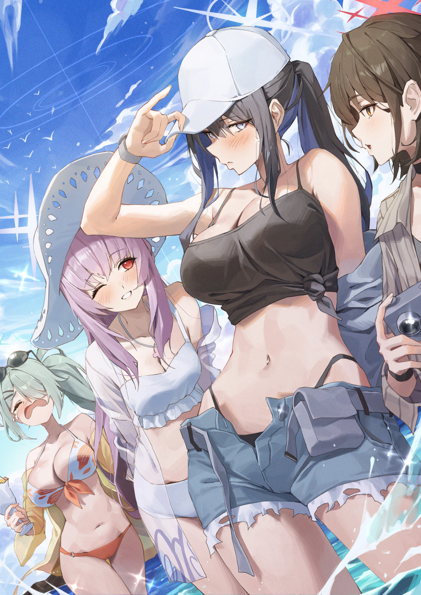 4girls absurdres arius_squad_(blue_archive) atsuko_(blue_archive) atsuko_(swimsuit)_(blue_archive) bare_shoulders baseball_cap bikini bikini_under_clothes black_hair blue_archive blue_eyes blush breasts brown_eyes brown_hair cleavage closed_eyes eyewear_on_head frilled_bikini frills green_hair hair_ornament hairclip halo hat highleg highleg_bikini highres hiyori_(blue_archive) hiyori_(swimsuit)_(blue_archive) large_breasts looking_at_another looking_at_viewer misaki_(blue_archive) misaki_(swimsuit)_(blue_archive) multicolored_hair multiple_girls navel netural one_eye_closed outdoors partially_submerged pink_hair ponytail print_bikini red_eyes saori_(blue_archive) saori_(swimsuit)_(blue_archive) short_shorts shorts side_ponytail smile stomach sun_hat swimsuit two-tone_hair white_bikini