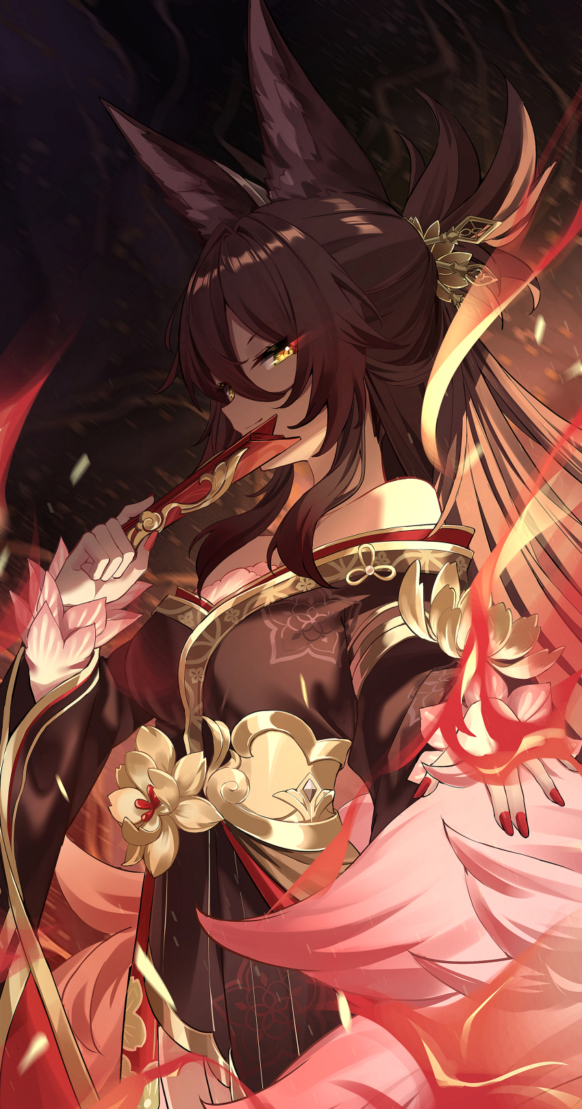 1girl absurdres animal_ears bare_shoulders breasts brown_hair brown_kimono closed_mouth commentary cowboy_shot fingernails folded_fan folding_fan fox_ears fox_girl fugue_(honkai:_star_rail) hair_between_eyes hair_ornament hand_fan hand_up highres holding holding_fan honkai:_star_rail honkai_(series) iras17514 japanese_clothes kimono kitsune kyuubi large_breasts long_hair looking_at_viewer multiple_tails nail_polish off_shoulder red_nails smirk solo tail tingyun_(honkai:_star_rail) very_long_hair yellow_eyes