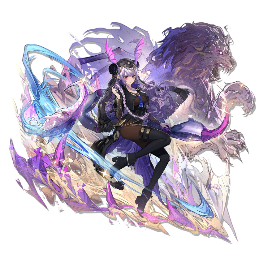 1girl arknights assassin bat_wings belt black_bodysuit bodysuit braid bridal_veil garter_belt gauze hair_ornament head_wings highres jewelry long_hair manticore_(arknights) manticore_(under_a_veil)_(arknights) official_alternate_costume official_art pointy_ears purple_eyes purple_hair scorpion_tail shiny_clothes shiny_legwear tail twin_braids veil wings