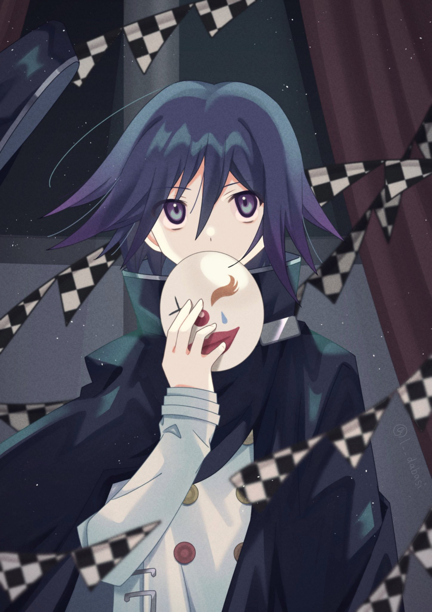 1boy black_cape buttons cape checkered_flag clown_mask commentary covered_mouth danganronpa_(series) danganronpa_v3:_killing_harmony flag flipped_hair hair_between_eyes hand_up hat highres holding holding_mask i_dabasi light_particles long_sleeves looking_at_viewer male_focus mask medium_hair multicolored_buttons oma_kokichi purple_eyes purple_hair solo twitter_username unworn_hat unworn_headwear upper_body