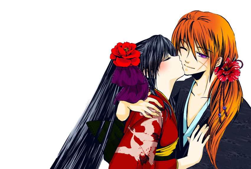 1boy 1girl black_hair couple closed_eyes flower hair_ornament hetero himura_kenshin japanese_clothes kamiya_kaoru kimono kiss orange_hair purple_eyes purple_ribbon ribbon rurouni_kenshin sayaka_(artist) scar