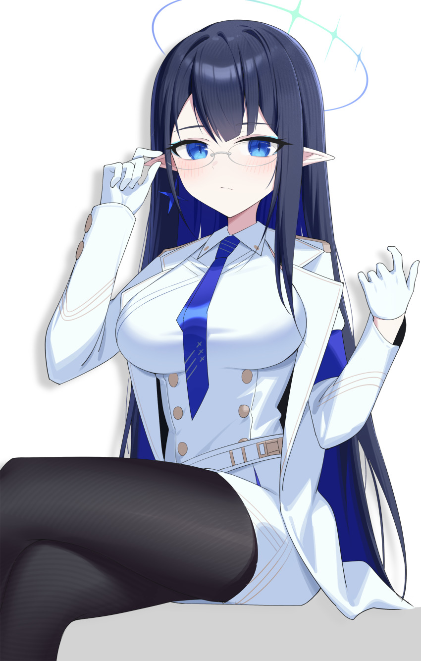 1girl absurdres adjusting_eyewear black_hair black_pantyhose blue_archive blue_eyes blue_hair blue_halo breasts closed_mouth colored_inner_hair dress halo hand_on_eyewear highres invisible_chair jacket jei_(user_tckk7448) looking_at_viewer multicolored_hair open_clothes open_jacket pantyhose pointy_ears rimless_eyewear rin_(blue_archive) simple_background sitting solo white_background white_dress white_jacket