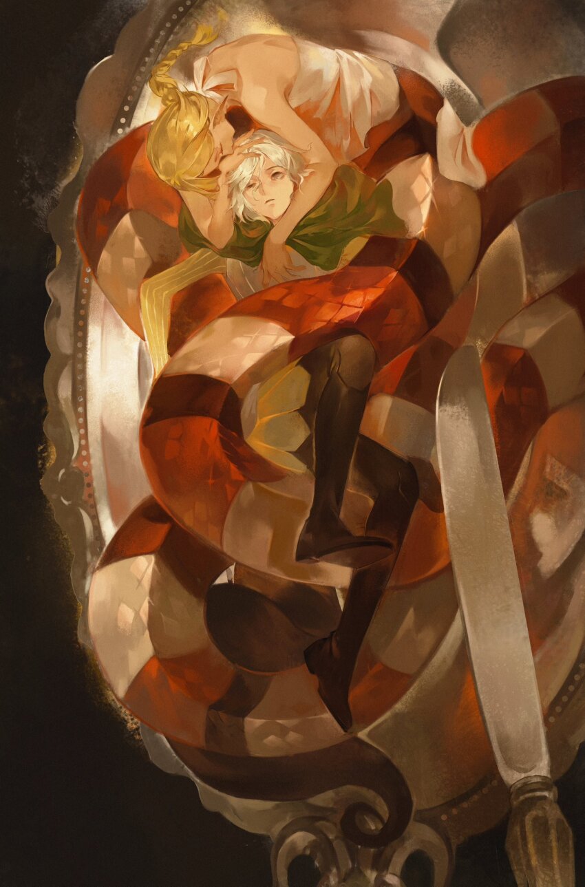 1boy 1girl bags_under_eyes bare_shoulders black_eyes blonde_hair boots braid braided_ponytail braided_ponytail_lamia_(dungeon_meshi) cloak dungeon_meshi elf green_cloak grey_hair halterneck highres hug hug_from_behind knife lamia long_hair long_sleeves lying lying_on_person male_focus mithrun monster_girl on_plate one_eye_closed parted_lips pointy_ears shirt short_hair single_braid sleeveless snake_bondage thigh_boots tunic wavy_hair yayaziiii